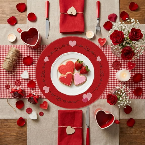Wooowa Romantic Round Placemat 14.2x14.2 Inches - Valentine's Day Decorative Dining Pad, Non-Slip Heat-Resistant Mat for Couples & Home Dining