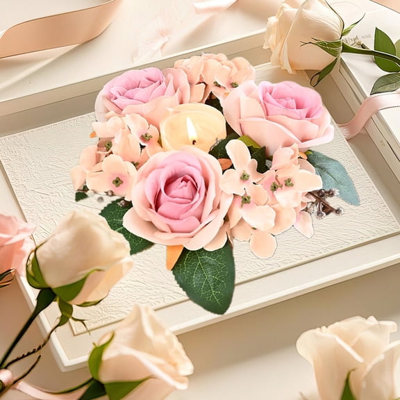 Wooowa Rose & Hydrangea Candle Holder Wreath - Elegant Floral Decor, Ideal for Home Parties & Table Centerpieces