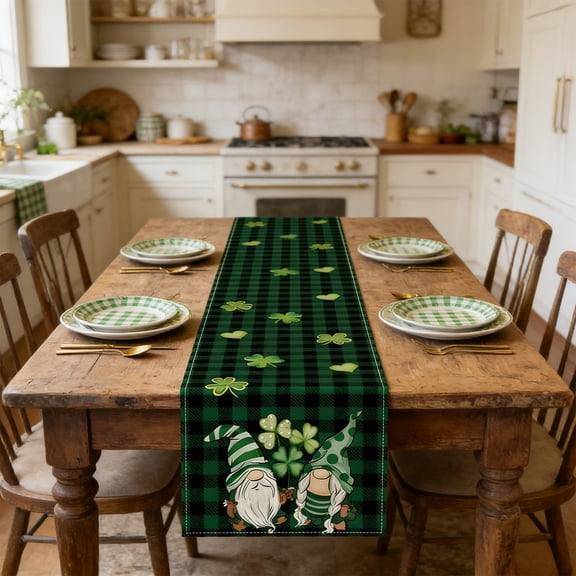 Wooowa Saint Patrick Day Table Runner St Patrick Green Mark Waterproof Wipe Clean Fabric Dining Table Kitchen Decor Irish Themed Party Holiday Supply