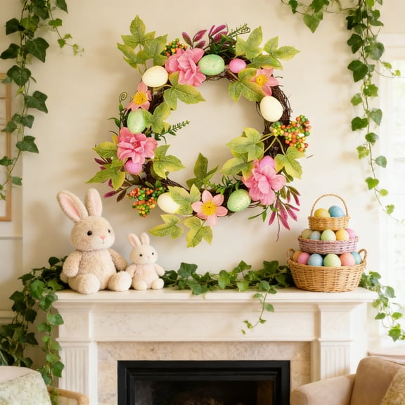 Wooowa Simulated Birds Egg Wreath with Colorful Leaves, for Spring Easter Door Wall Decoration and Festival Ornament