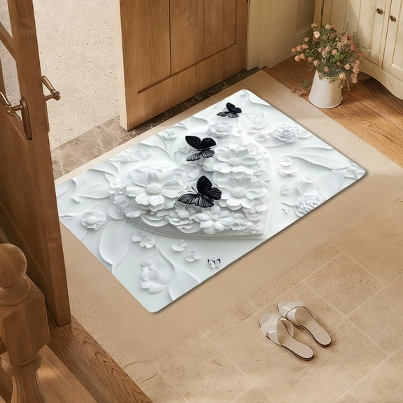 Wooowa Valentine's Day Heart & Butterfly Rug - 23.6"x15.7" Non-Slip Bath Mat & Entryway Decor for Winter Holiday Accents