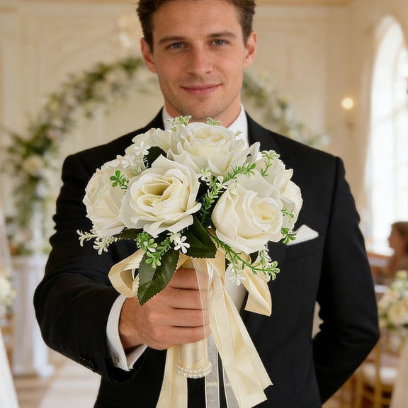 Wooowa Wedding Exclusive Artificial Rose Bouquet Handheld Floral Prop for Ceremony Photo Shooting and Bridal Holding