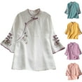 thumbnail image 1 of Wooowa Women 3/4 Sleeve Cotton Linen Blouses Retro Chinese Button Tops Floral Embroidered Shirts Mandarin Collar T Shirt, 1 of 5