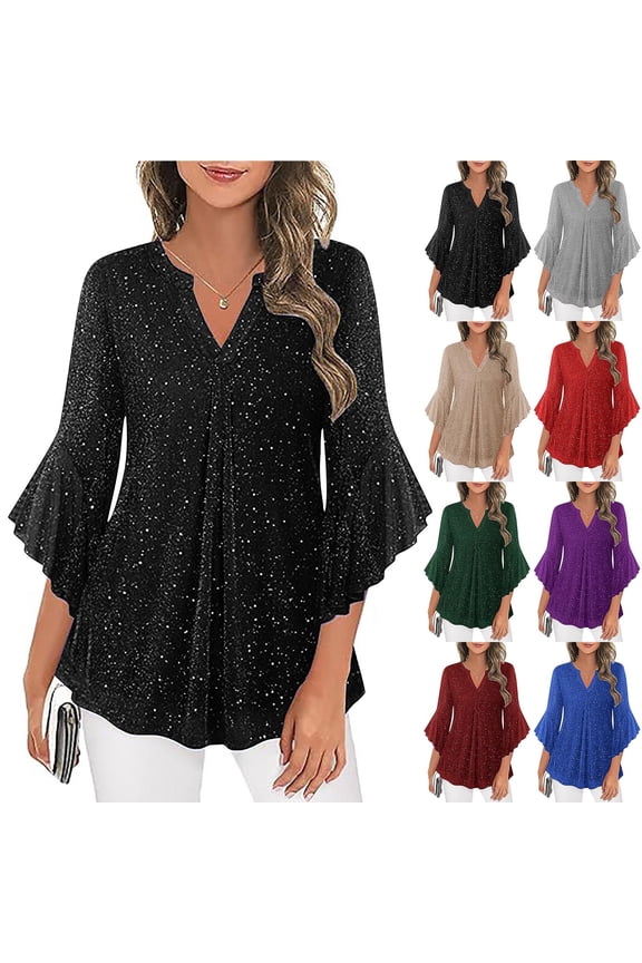 Women Ruffle 3/4 Sleeve Dressy Sequin Blouses V Neck Sparkly Tunic Top Double Layer Mesh Flowy Shirts Holiday Party