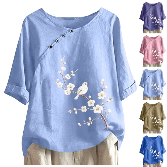 Wooowa Women Summer Tops Short Sleeve Button Casual Tee Shirt Round Neck Floral Blouses Clothes