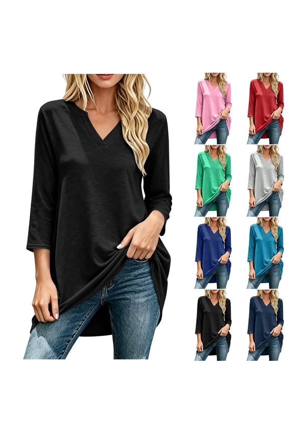 Women's 3/4 Sleeve Oversized T-Shirts V Neck Workout Casual Tops Side Split Loose Basic Tees