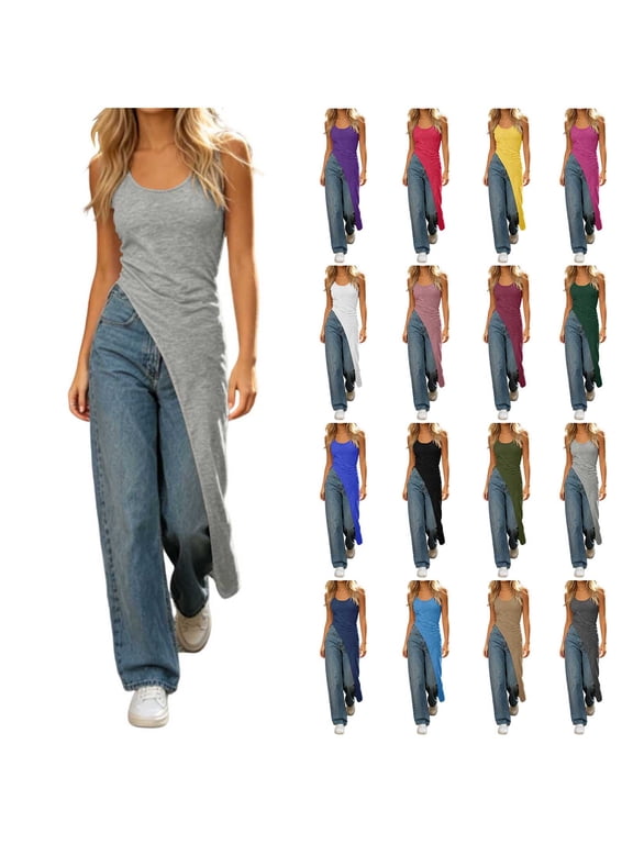 Women's Asymmetrical Long Tank Top Split Hem Square Neck Sleeveless Solid Color Tops Streetwear