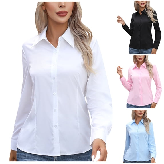 Wooowa Women's Button Down Lapel Shirts Long Sleeve Dress Shirts Collared Casual Solid Blouses Tops