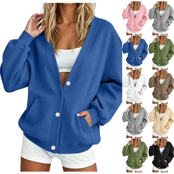Wooowa Women's Button-down Snap-button Sweatshirt Casual Long Sleeve Lightweight Knitted Sweaters Loose Fit