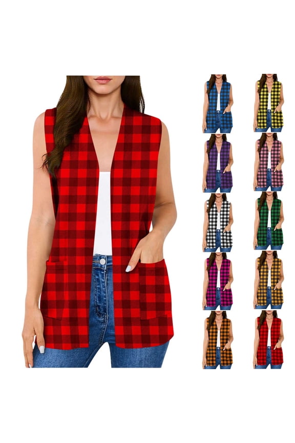 Womens Plaid Open Front Sleeveless Duster Cardigans Drape Lightweight Loose Vest Coat with Pockets