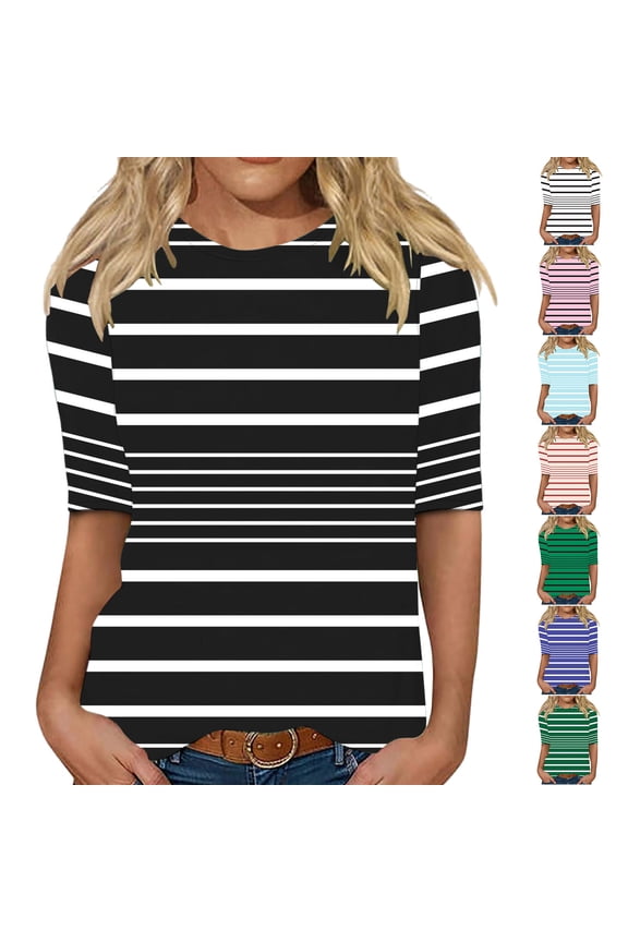 Women's Half Sleeve Striped T-Shirts Crew Neck Elbow Length Tops Loose Casual Basic Tees Summer Tunic Tops