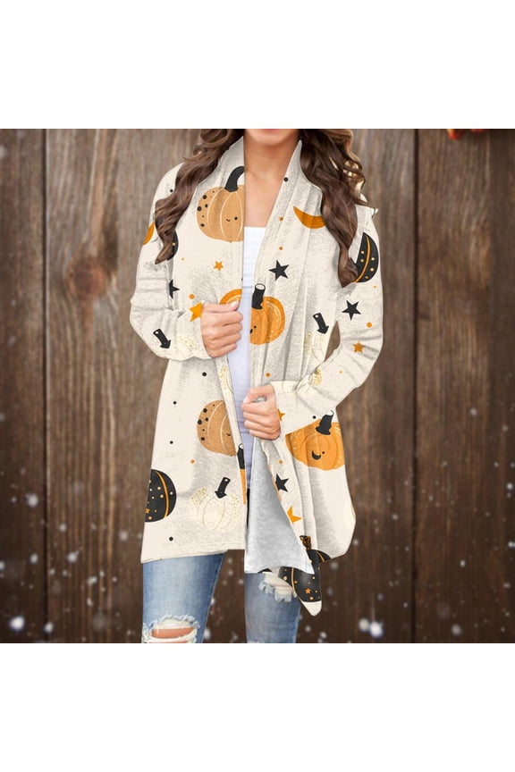 Women's Jacket Top Halloween Cat Pumpkin Cardigan Long Sleeve Open Front Outwear Over Coats Plus Size Knit Sweater Top