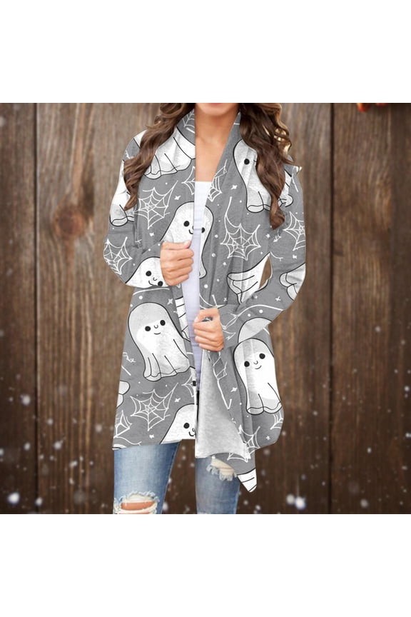 Women's Jacket Top Halloween Cat Pumpkin Cardigan Long Sleeve Open Front Outwear Over Coats Plus Size Knit Sweater Top