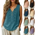 thumbnail image 1 of Wooowa Women's V Neck Sleeveless Solid Shirts Casual Summer Button Down Tank Tops Loose Fit Embroidered Blouse, 1 of 9