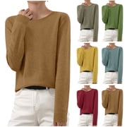 Wooowa Womens Sweaters Long Sleeve Round Neck Top Soft Lightweight Basic Solid Color Knitted Pullover Sweater