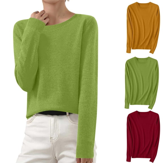 Wooowa Women's Sweaters Long Sleeve Round Neck Top Soft Lightweight Basic Solid Color Knitted Pullover Sweater