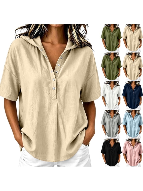 Womens Button Down Shirts Linen Cotton Long Sleeve Blouses Casual Collared Loose FitTops with Pocket
