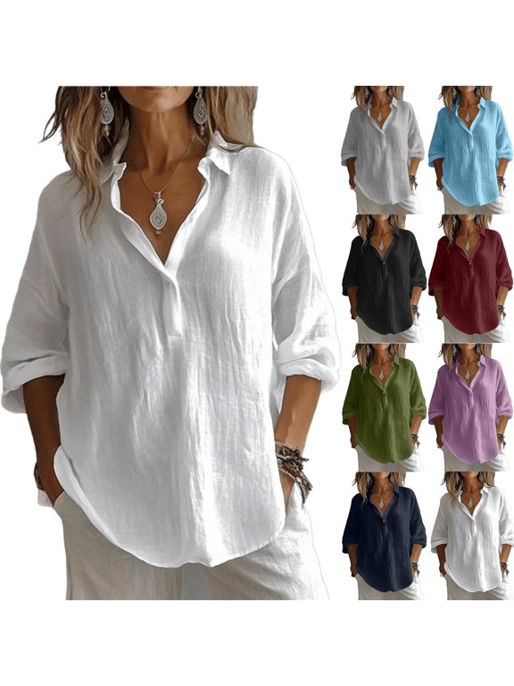 Womens Button Down Shirts Linen Cotton Long Sleeve Blouses Casual Collared Loose FitTops with Pocket