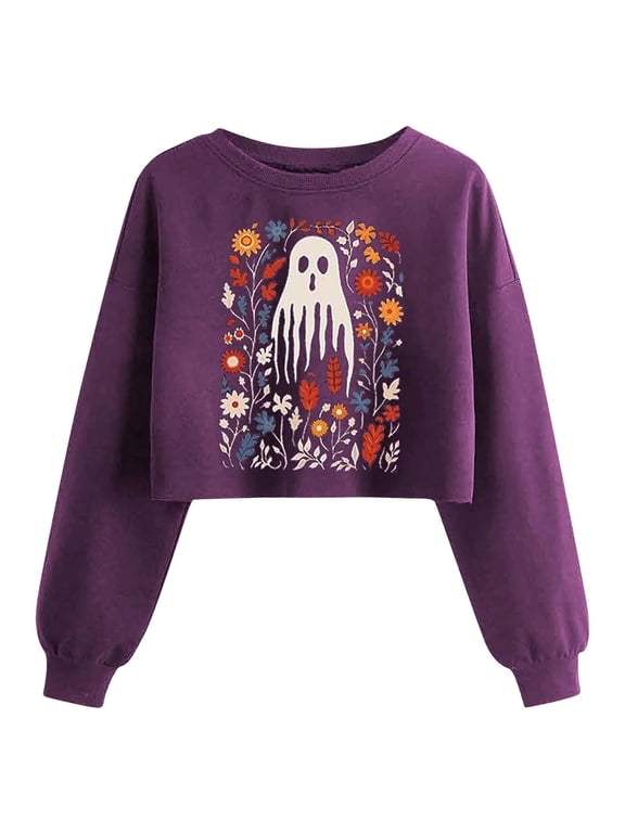Womens Halloween Crop Round Neck Sweatshirt Ghost Pumpkin Printed Winter Long Sleeve Pullover Top