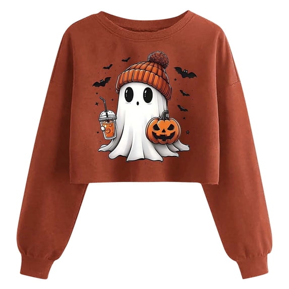Wooowa Womens Halloween Crop Round Neck Sweatshirt Ghost Pumpkin Printed Winter Long Sleeve Pullover Top