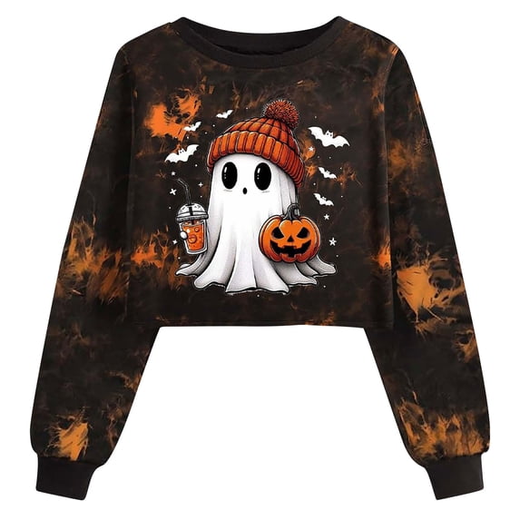 Wooowa Womens Halloween Crop Round Neck Sweatshirt Ghost Pumpkin Printed Winter Long Sleeve Pullover Top
