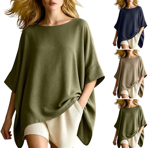 Wooowa Womens Oversized T-Shirts Casual Summer Crew Neck Short Sleeve Tops Loose Fit Hi Low Drop Shoulder Basic Tees
