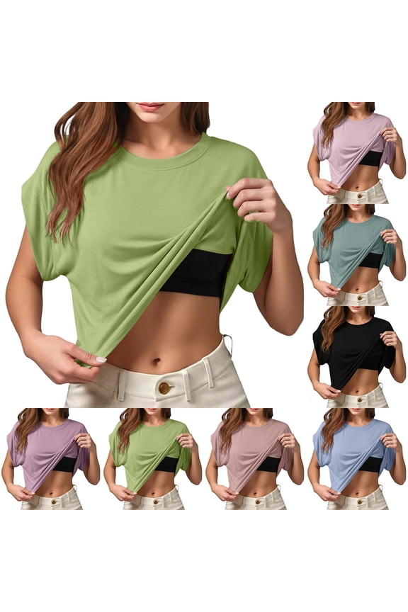 Womens Solid Color Built in Bra T-shirt Tops Short Sleeve Casual Shirts Fitted Basic Round Neck Top