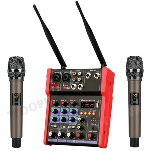 Woopker 4-Channel Audio Mixer Console with Wireless Microphone Sound Mixing USB input DJ Mixer ,Precision Control