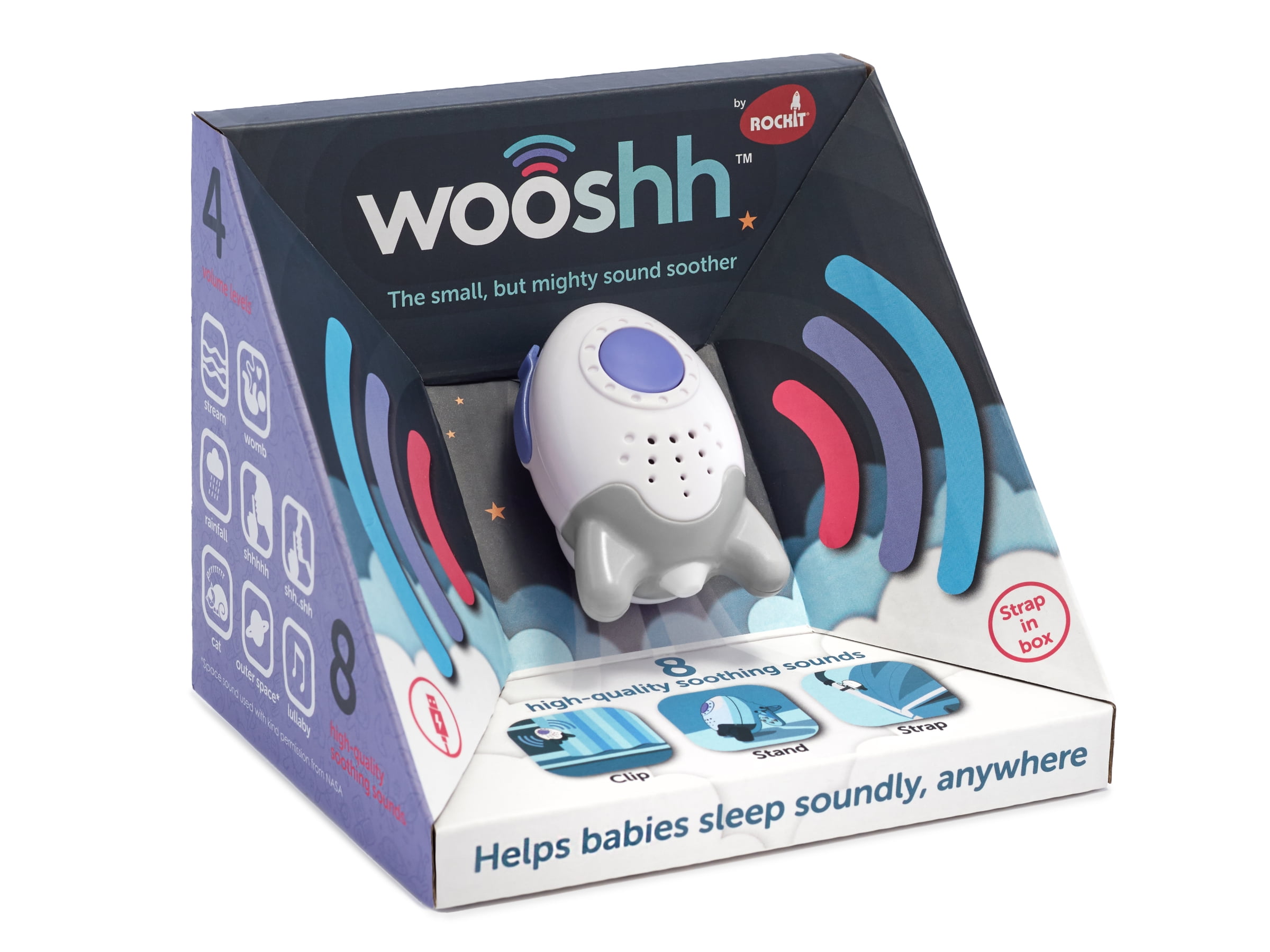 Wooshh by Rockit. The Small but MIGHTY Rechargeable, Portable White Noise Sound-Soother with 8 Calming Sounds for babies and 4 Volume Levels. Stand, Clip or Strap it. Take it with You Everywhere.