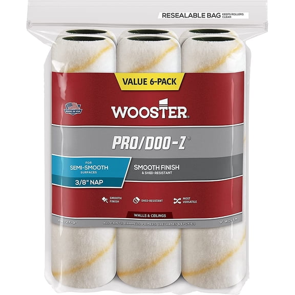 Wooster Brush RR727-9 Pro/Doo-Z Nap Rollers, 3/8-Inch, 6-Pack, White, Pack of 3