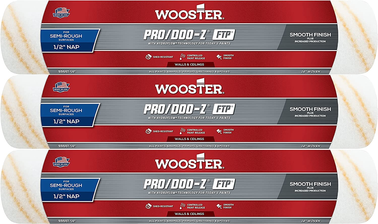 Wooster Brush Jumbo-Koter Pro/Doo-Z FTP 1/2" Paint Roller Cover – Red, HydroFlow Technology For Smooth Finish On Semi-Rough Surfaces