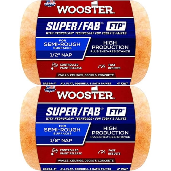 Wooster Genuine 4" Super/Fab FTP 1/2" Nap Roller Cover 2-Pack, RR924-4-2PK