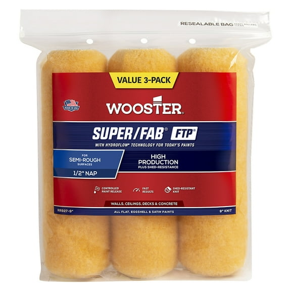Wooster Genuine 9" Super/Fab FTP 1/2" Nap 3-Pack Roller Cover - RR927-9
