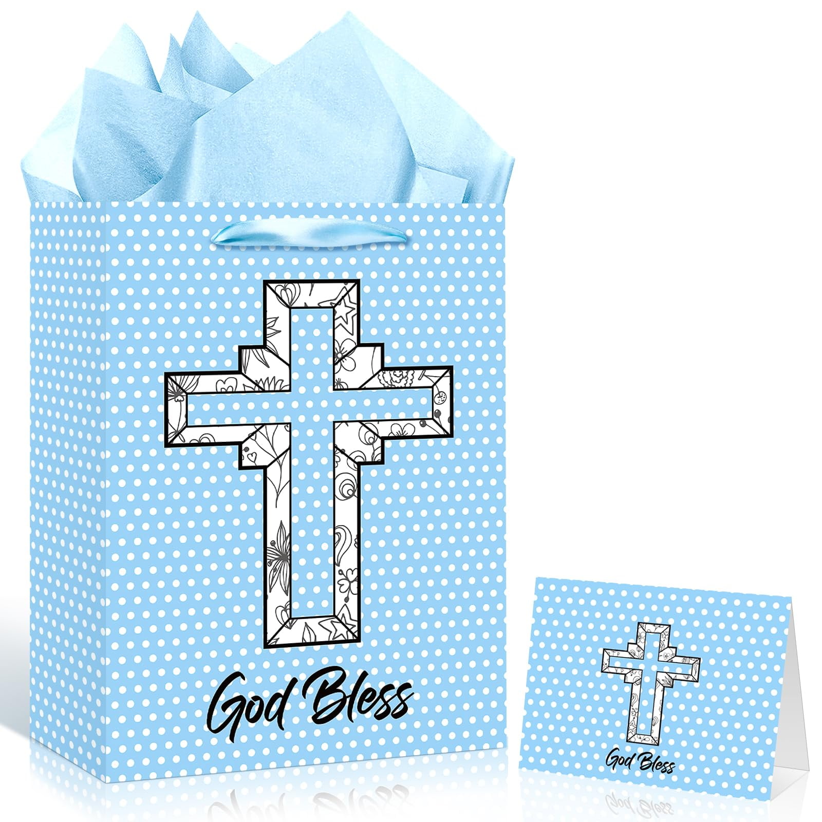 Woosytoo Blue Cross Gift Bag Religious Gift Bag with Card and Tissue Paper Baby Shower Boy Gift Bag for Christenings First Holy Communion Baptisms Wrapping Paper for Baby Boy Newborn C40