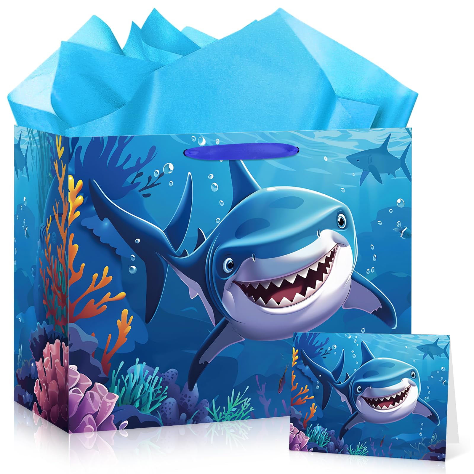 Woosytoo Shark Gift Bag Blue AIS1Shark Birthday Bag with Tissue Paper and Card for Boys Girls Shark Ocean Decorations for Baby shower Birthday Under The Sea Theme Supplies
