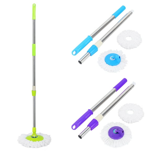 Woowdepot Upgraded 360° Mop Handle with 2 Pack Microfiber Mop Head Refills Set for Hand Press and Pedal Mop Buckets