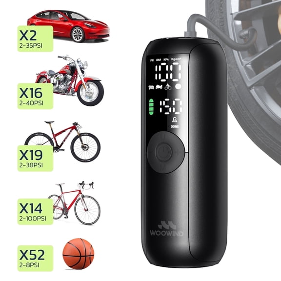 Woowind LP1 Portable Tire Inflator, 150PSI, Battery Powered Air Pump, Auto Shut-off, LED Light, Dual Valves, Compact for Vehicles and Sports Equipment
