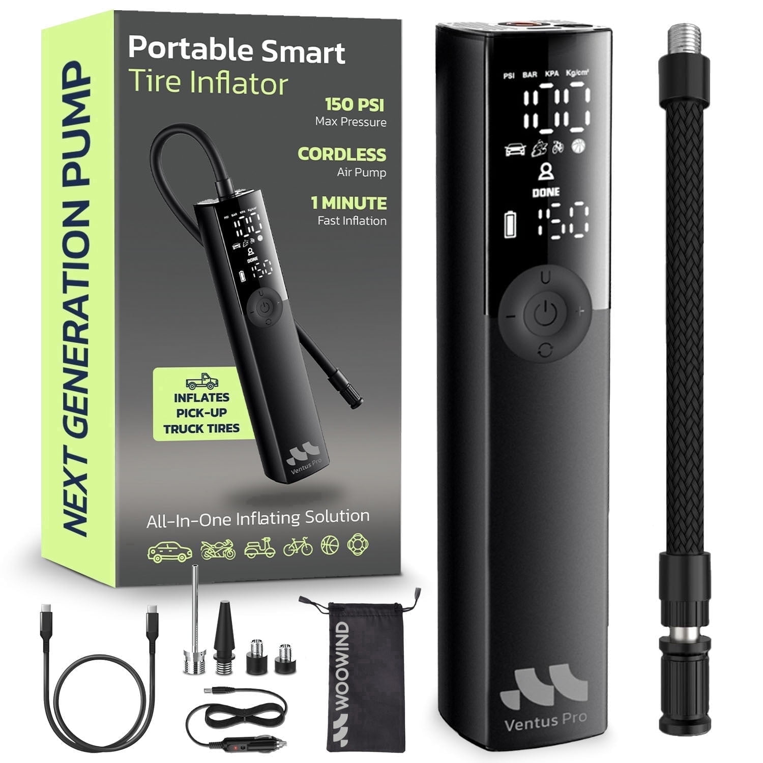 Woowind 150 PSI Portable Air Compressor Tire Inflator, Fast Inflation, for Car Bike SUV