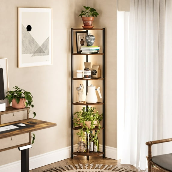 Woozuro 6-Tier Corner Shelf with LED Lights, Space-Saving Design, Metal Frame & Wooden Shelves, Brown