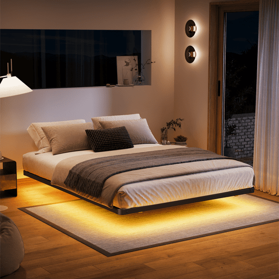 Woozuro 8 inch King size Floating Bed Frame with LED Strip Light,No Box Spring Needed,Noise-Free,Black