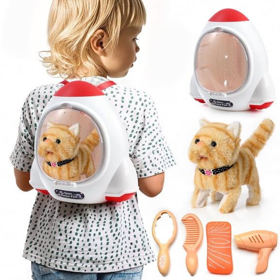 WorWoder Electronic Interactive Plush Cat- Battery Operated Mechanical Walking Little Pet Kitten with a Cute Bag, Meow Tail Wagging, Stretching Companion Animal for Toddlers & Kids