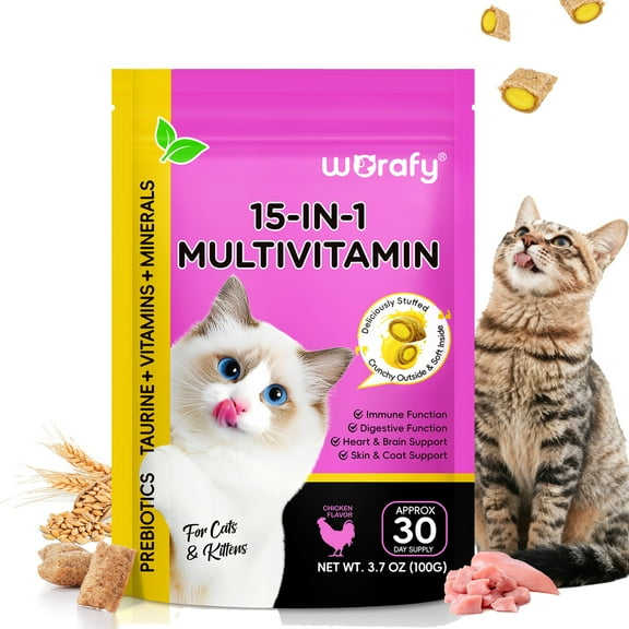 Worafy 15-In-1 Cat Multivitamin Treats with Omega 3 Fish Oil Support for Immune System, Digestive Health, Skin & Coat Care, Energy Boost Chicken Flavor 3.7 oz