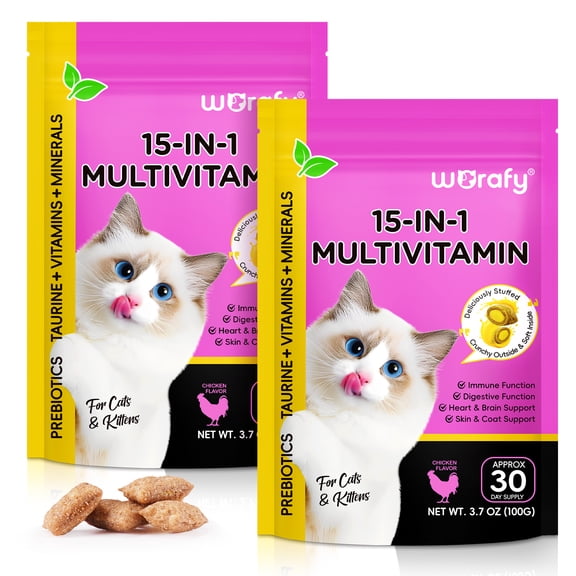 Worafy 15-In-1 Multivitamin Treats for Cat with Omega 3 Fish Oil Support for Immune System, Digestive Health, Skin & Coat Care, Energy Boost Chicken Flavor 2PCS