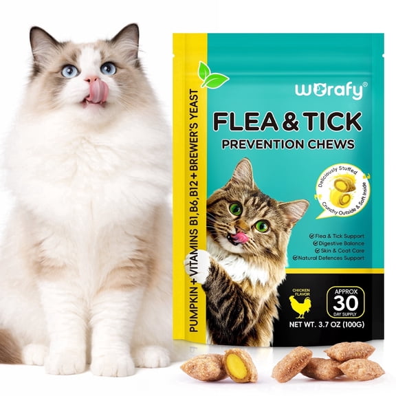 Worafy Prevention Chews for Cats Infused with Vitamins B1, B6, B12 & E Skin & Coat Natural Defense, Chicken Flavor