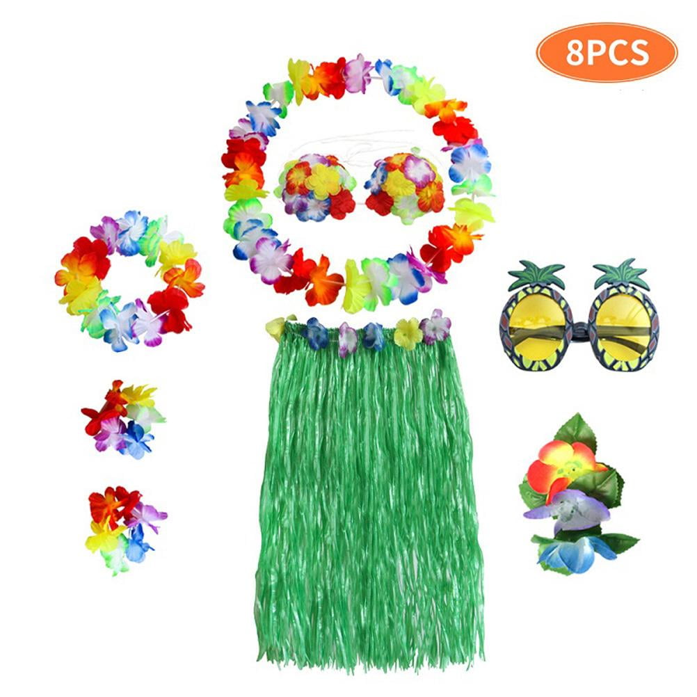 Worallymy 8 PCS Fancy Dress Hula Skirt Costume Hawaiian Grass Skirt Dancer  Dress Set with Sunglasses and Ring Party Skirts for Adult Kids 
