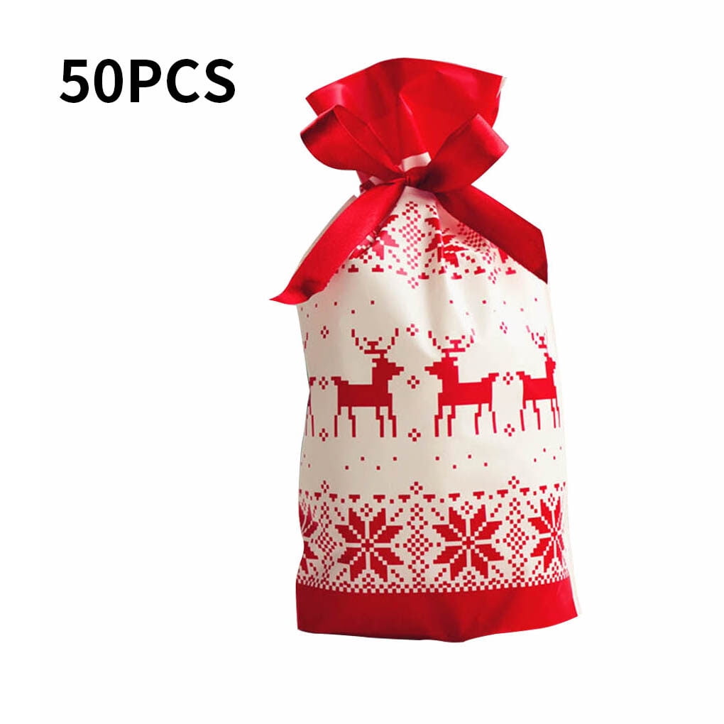 Christmas Drawstring Wrap Plastic Treat Bags Cookies Pouch Food Gift