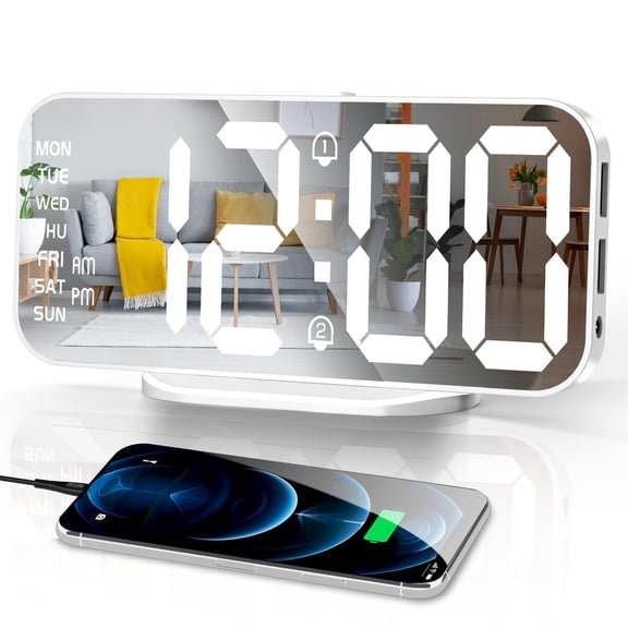 Digital Alarm Clock, 6.6" Mirror LED Display with 4-Level Dimming, Dual Alarm for Couples and Heavy Sleepers, Snooze Function，Dual USB Charger, Night Mode, for Bedroom, Desk, Wall Mount