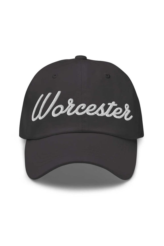 Worcester Baseball Cap Worcester Dad Hat Bold Script New York NY Hat Embroidered Souvenir Gift Dark Grey