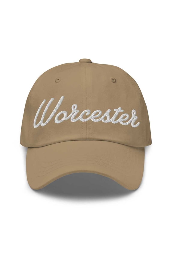 Worcester Baseball Cap Worcester Dad Hat Bold Script New York NY Hat Embroidered Souvenir Gift Khaki