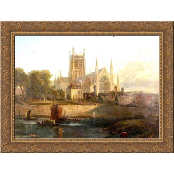 Worcester Cathedral, River Severn 24x18 Gold Ornate Wood Framed Canvas Art by David Cox